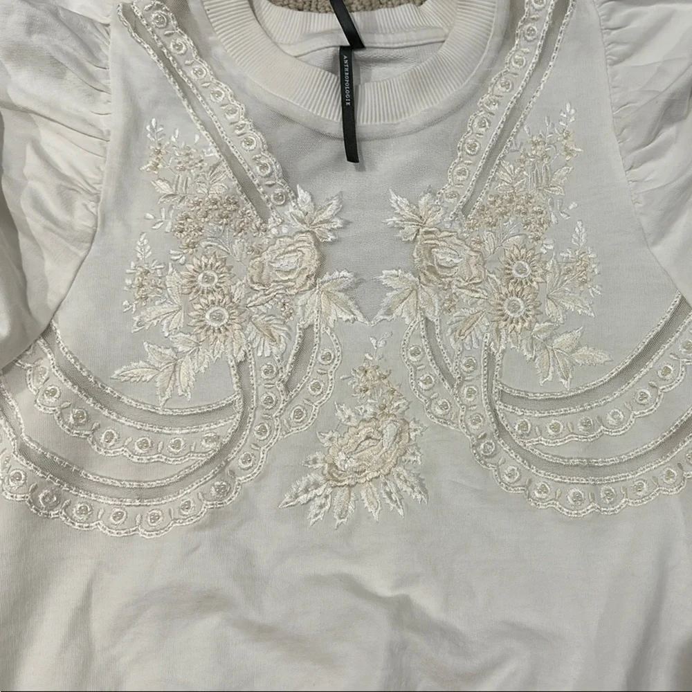 NWT By Anthropologie XS Puff-Sleeve Embellished Elbow-Sleeve Sweatshirt